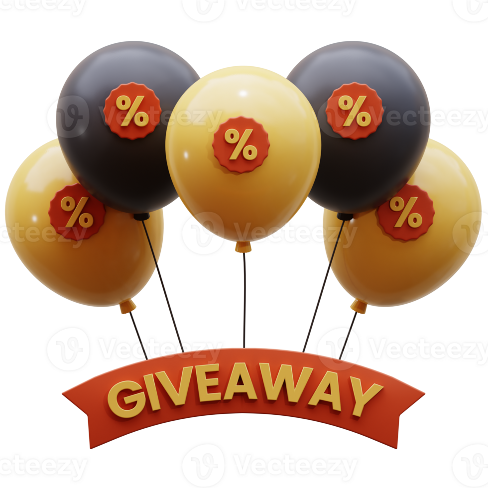 3D render off giveaway coupon with flying balloons. 3D icon of flying balloons with giveaway coupon. 3D balloons with Ribbon that says Giveaway. png