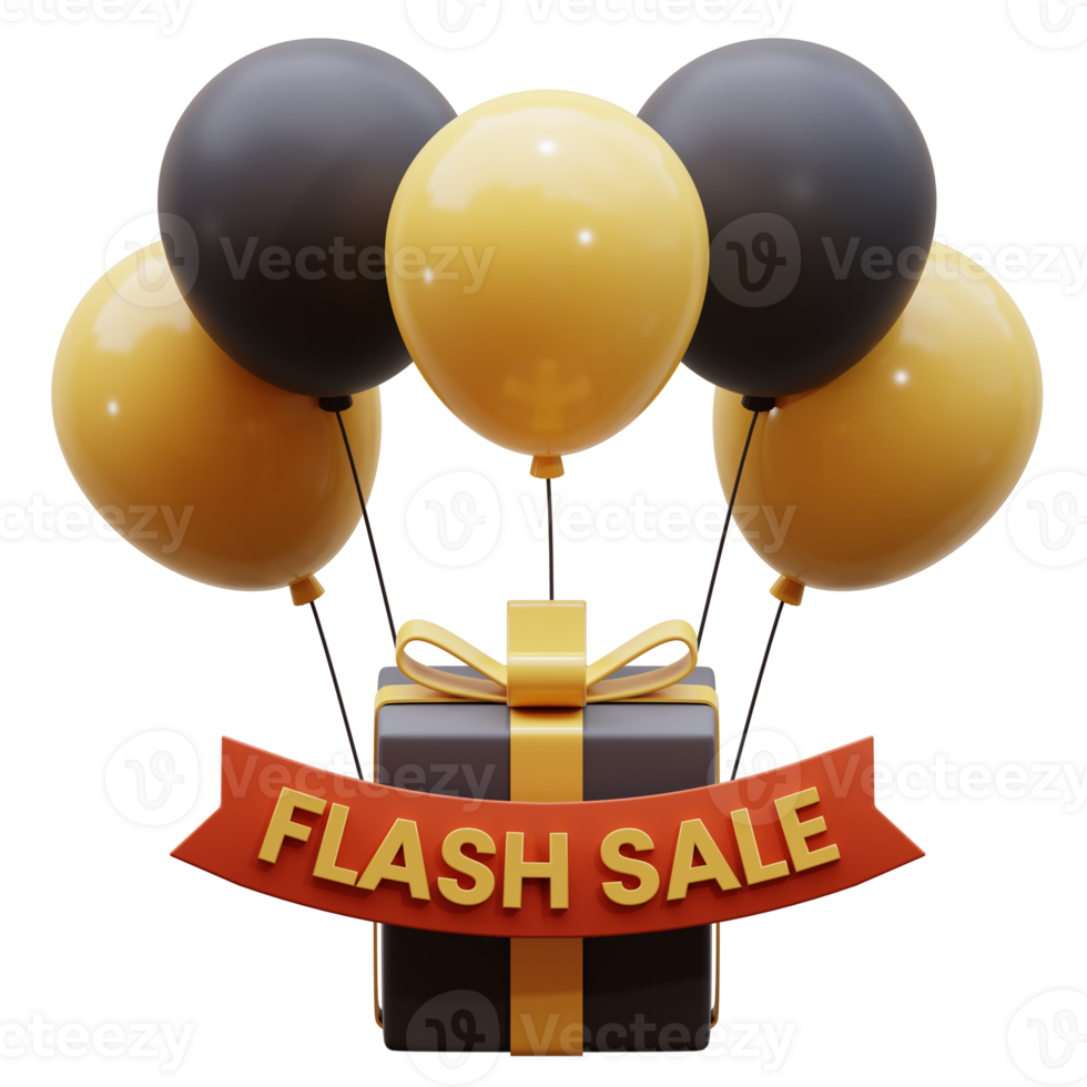 Gift box with balloons 3d render illustration. 3D package with ribbon and bunch of flying balloons. 3d icon render of flash sale with package and balloons. 3d gift box with balloons isolated. png