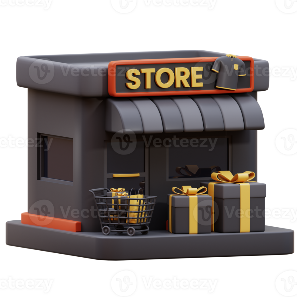 3D front store with  gift box. 3D icon of a store with black gift box and shopping trolley. 3D icon off store. 3D render minimal shop with gift box and shopping trolley. png