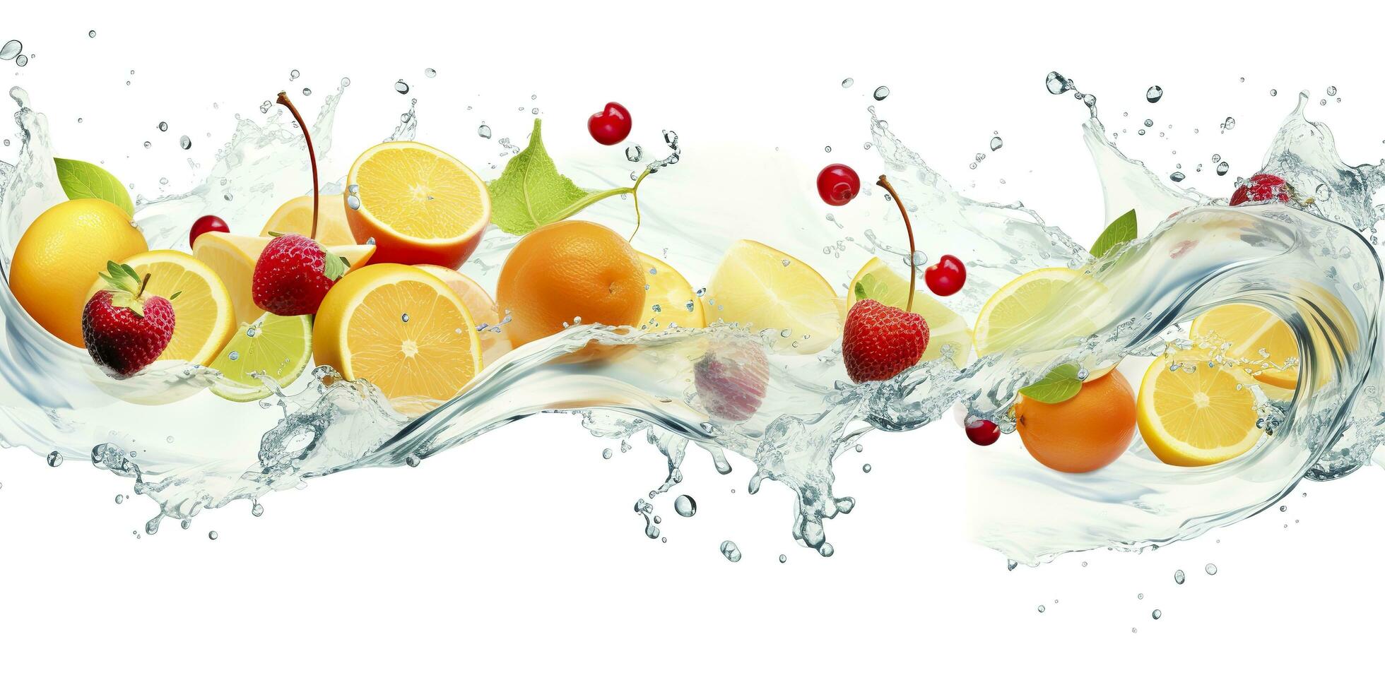 AI generated Swirl water splash with fruits. liquid flow with ice cubes and a mix of fresh fruits. Generative AI photo