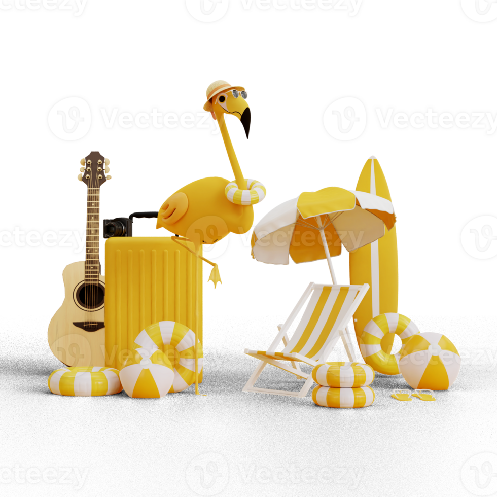 3d illustration of suitcase accessory with umbrella chair beach and flamingo on transparent background png