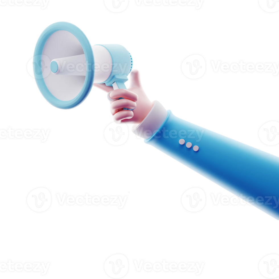 3D Illustration of hand holding megaphone on transparent png background, Promotion advertising loudspeaker concept.