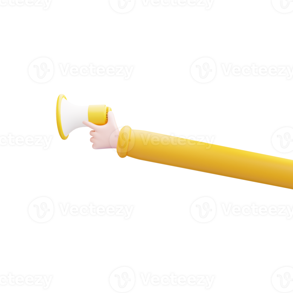 3D Illustration of hand holding megaphone on transparent png background, Promotion advertising loudspeaker concept.