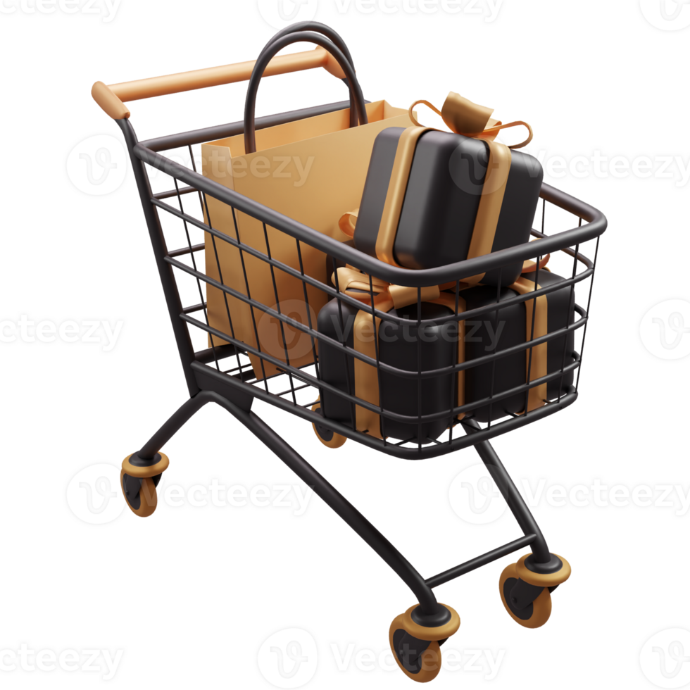 3d illustration of shopping carts concept or trolley with gift boxes black friday element on transparent background png