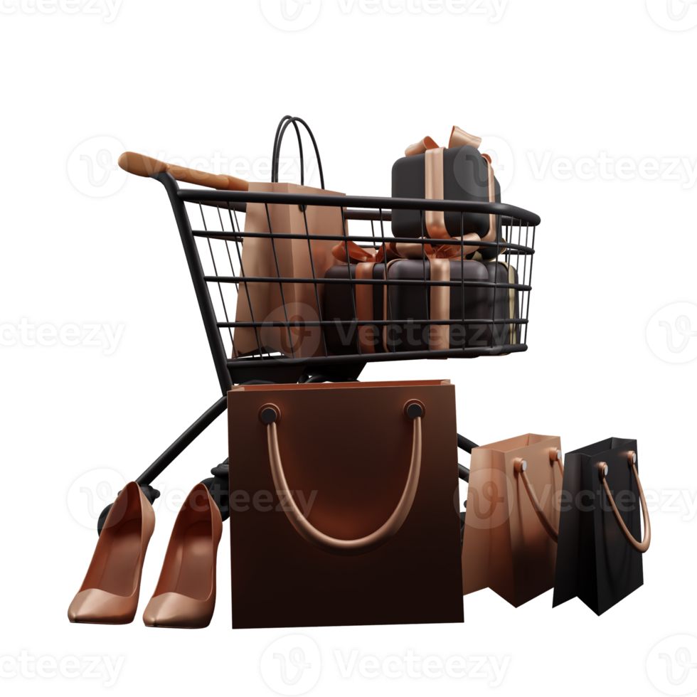 3d illustration of shopping carts concept or trolley with gift boxes black friday element on transparent background png