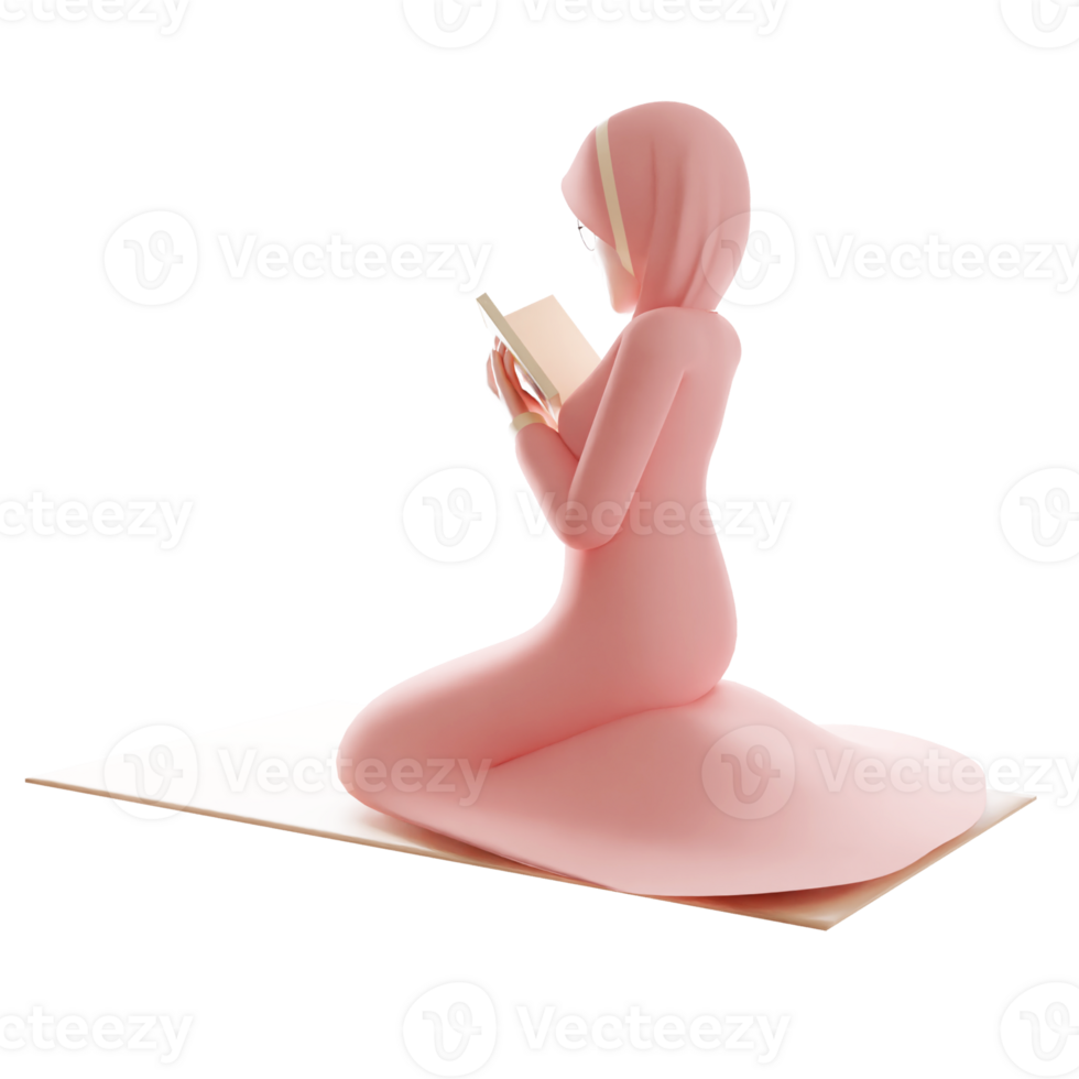 3D illustration of a young Muslim woman wearing a hijab reading the Koran with a transparent png background