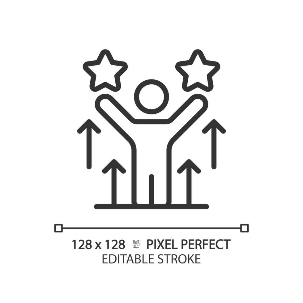 2D pixel perfect editable black self motivation icon, isolated vector, thin line illustration representing soft skills. vector