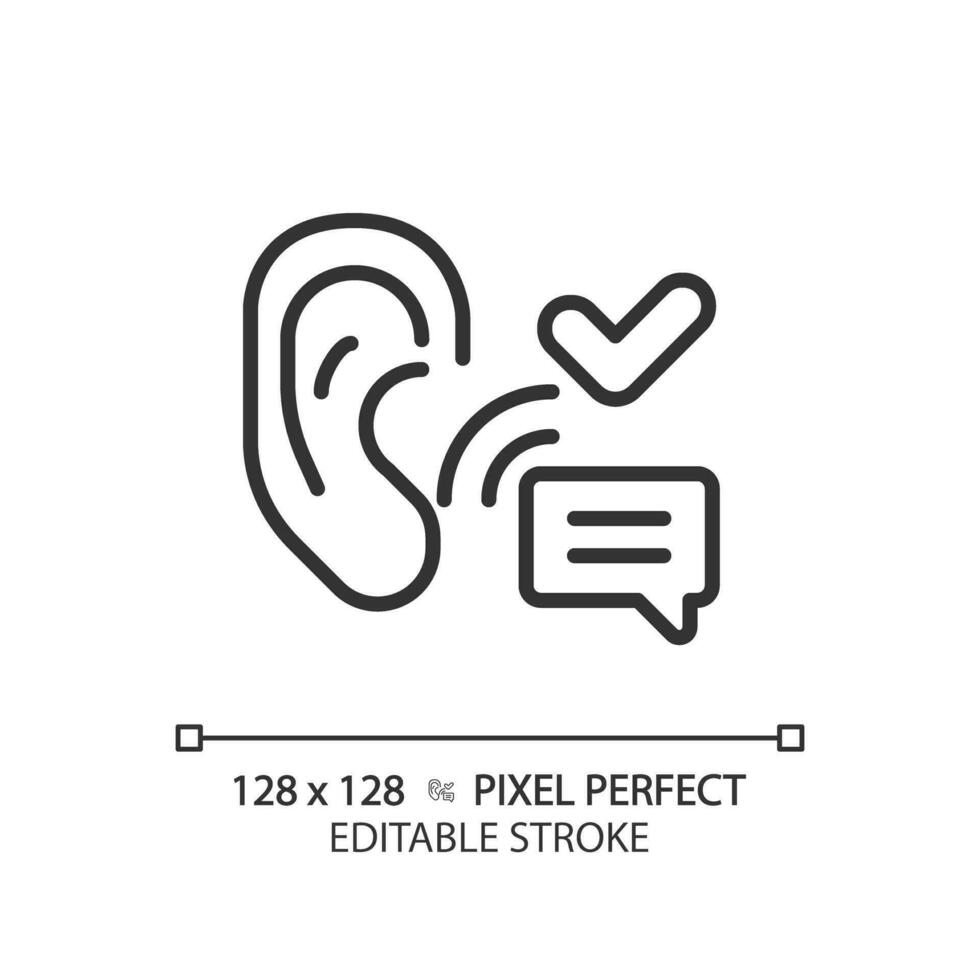 2D pixel perfect editable black active listening icon, isolated vector, thin line illustration representing soft skills. vector