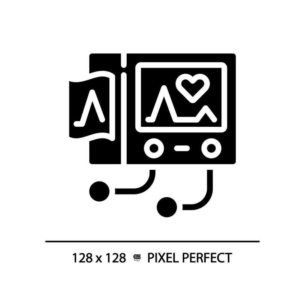 Ecg machine pixel perfect black glyph icon. Cardiac monitoring. Heart rate. Health check up. Diagnostic testing. Silhouette symbol on white space. Solid pictogram. Vector isolated illustration