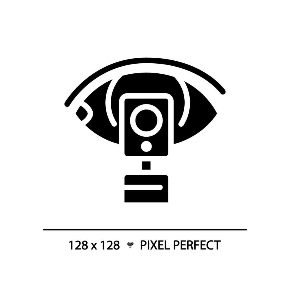 oftalmoscopio píxel Perfecto negro glifo icono. ojo examen. retina escanear. visión salud. prueba equipo. silueta símbolo en blanco espacio. sólido pictograma. vector aislado ilustración