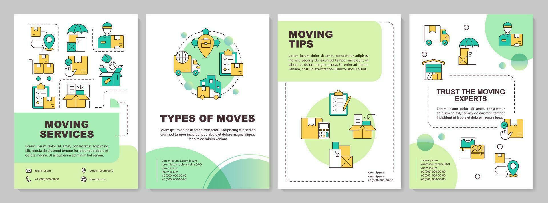 2D moving service multicolor brochure template, leaflet design with simple thin linear icons, 4 vector layouts.