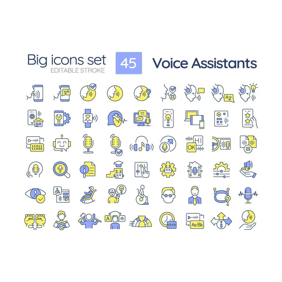 2D editable multicolor big line icons set representing voice assistant, isolated vector, linear illustration. vector