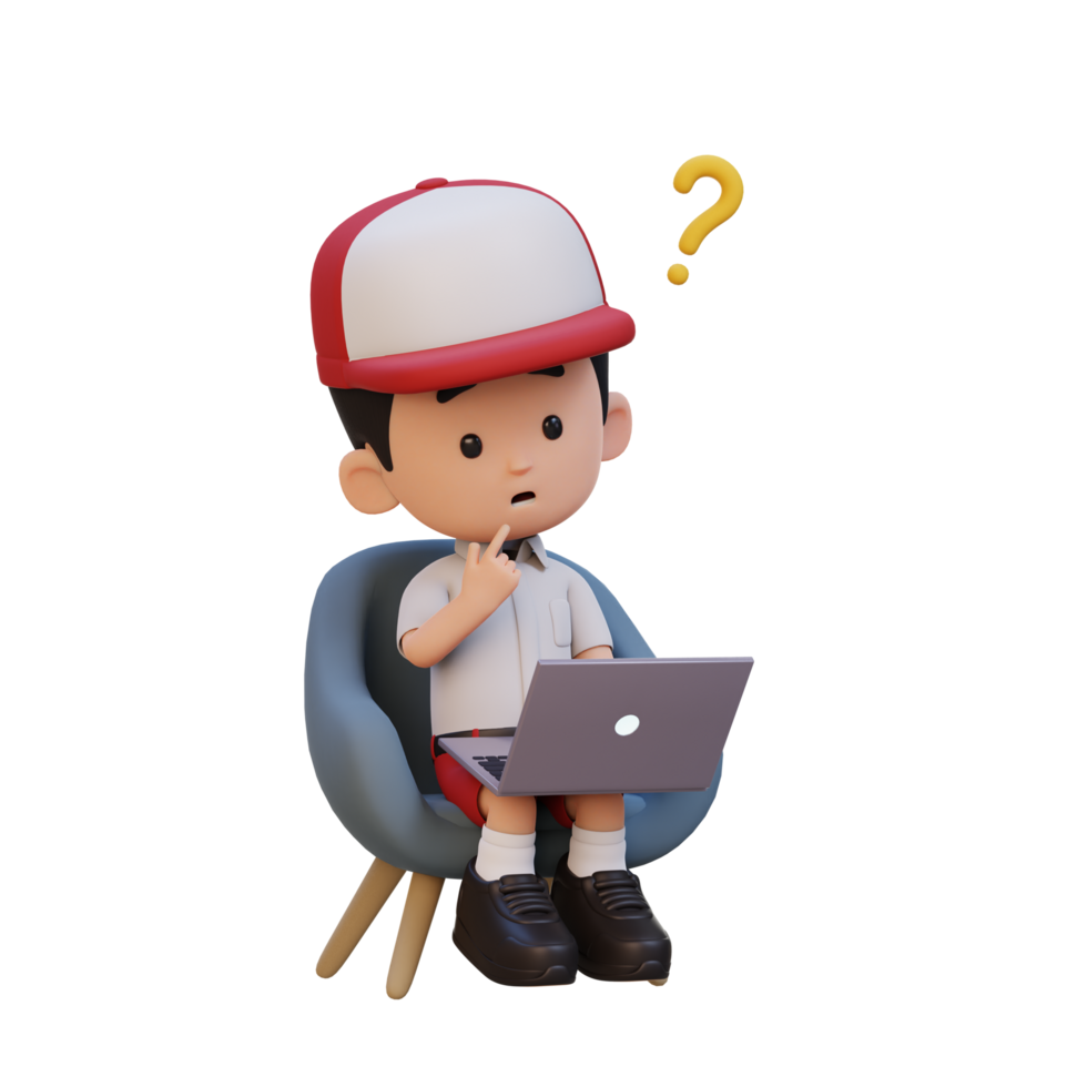 3D cute kid character confused on a laptop png