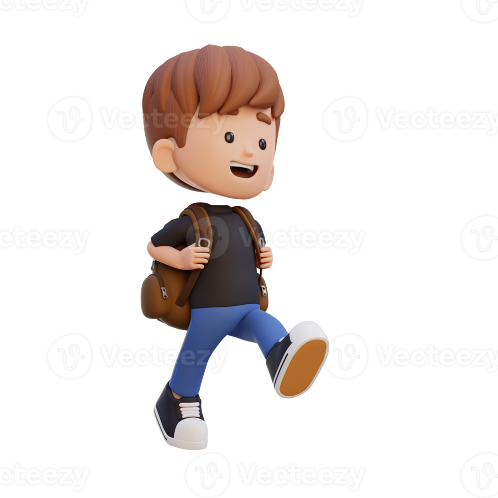3D happy kid character walking go to school holding bag png