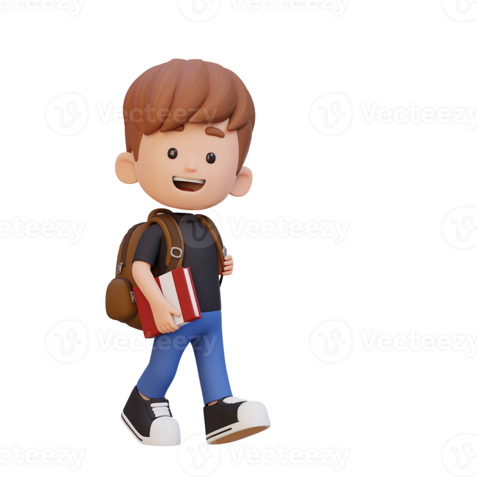 3D happy kid character walking go to school holding book png