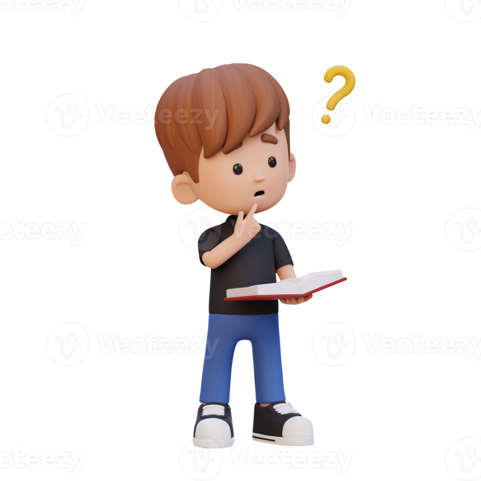 3D kid character get confused when reading a book png
