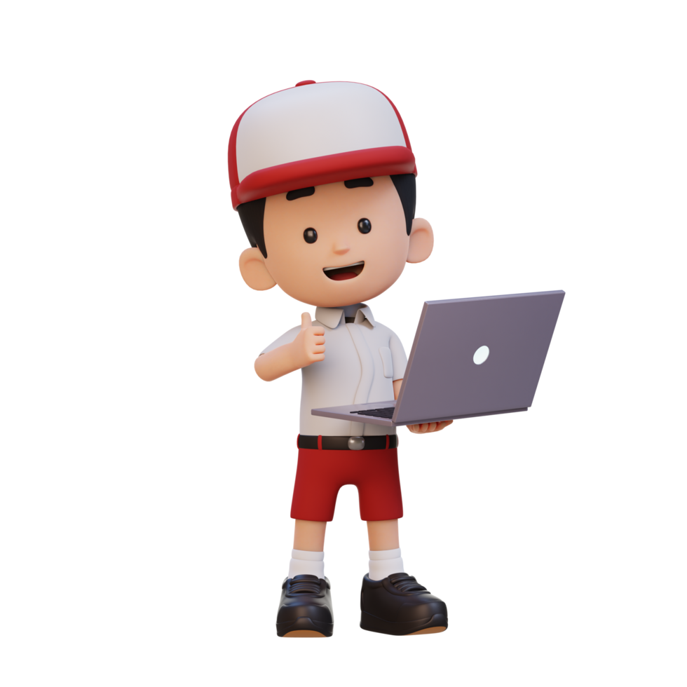 3D cute kid character give a thumb up while holding a laptop png