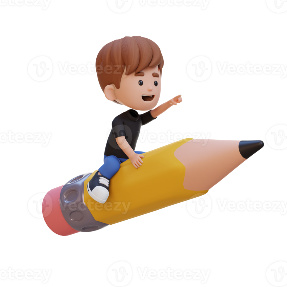 3D kid character riding a pencil and pointing hand png