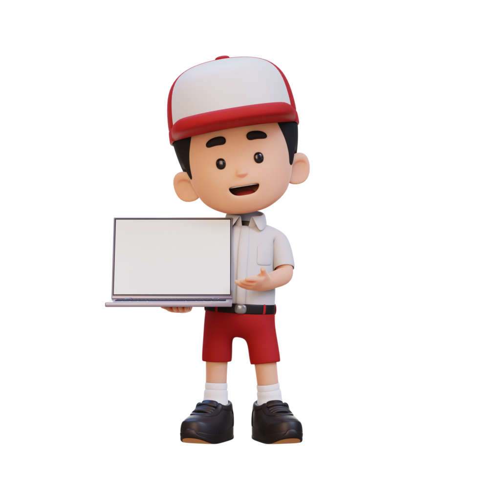 3D kid Character Holding and Presenting to a Laptop with Empty Screen png