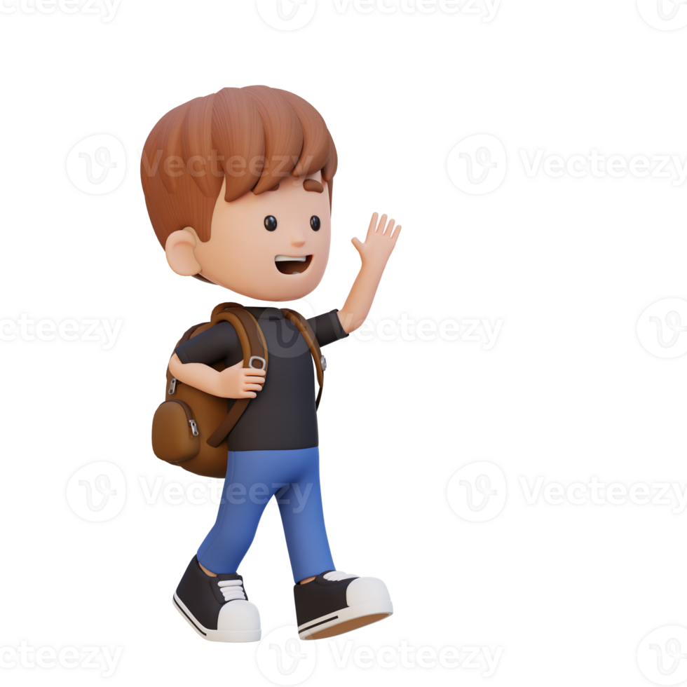3D happy kid character walking and waving hand png