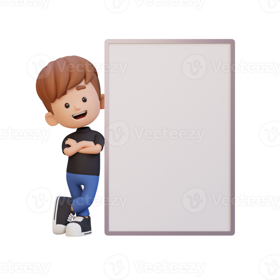 3D kid character holding a blank placard png