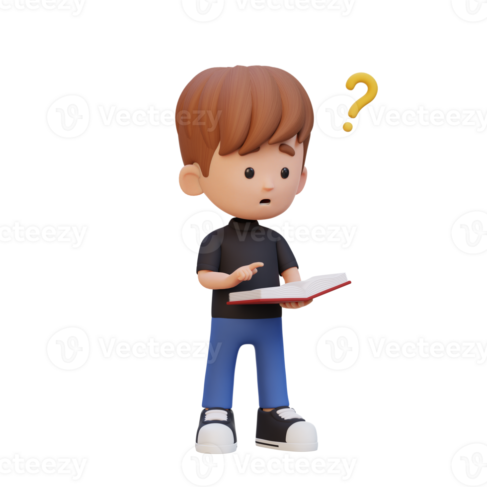 3D kid character get confused when reading a book png