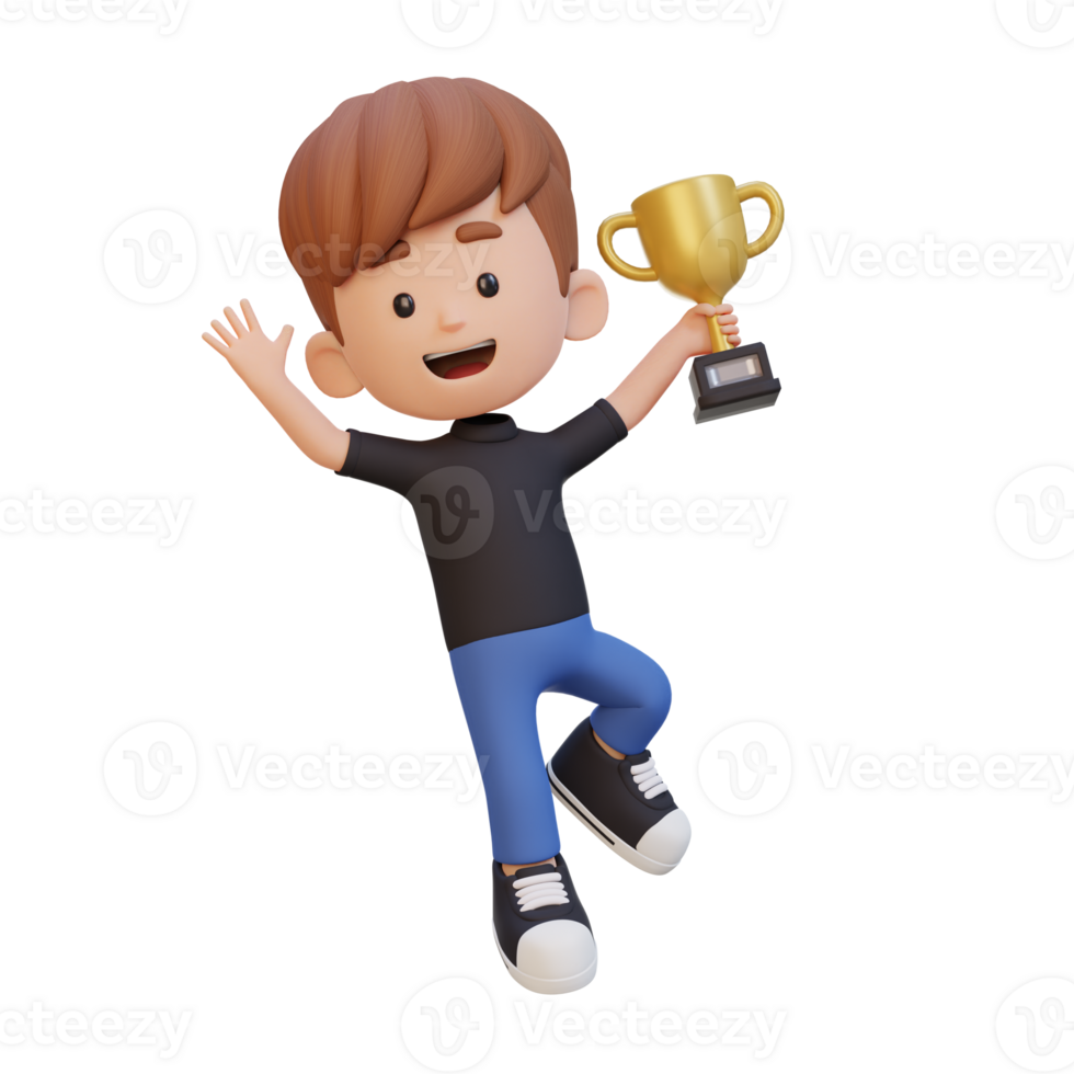 3D kid character celebrating win holding a trophy png
