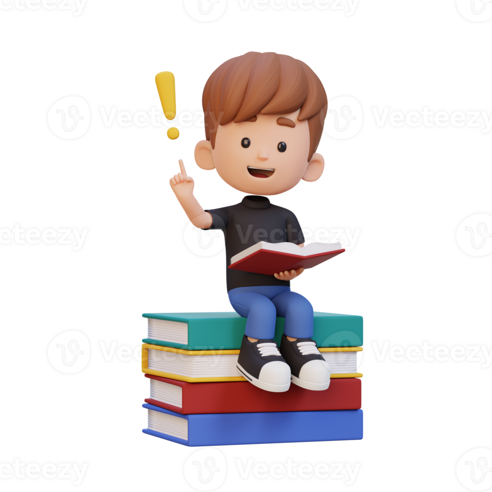 3D kid character get an idea when reading a book png