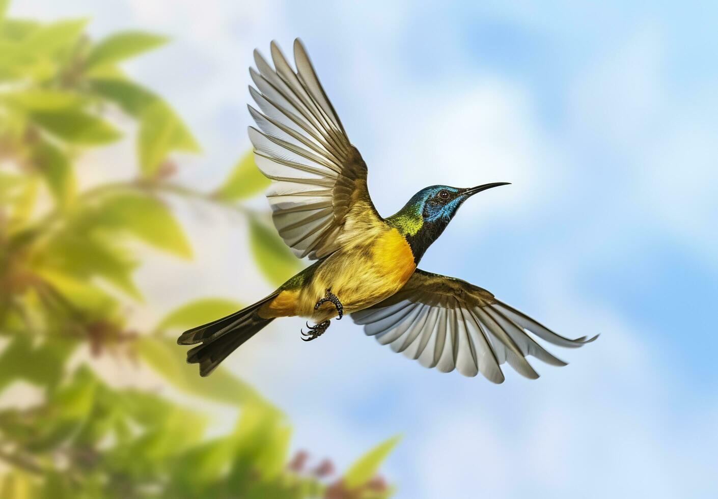 AI generated Olive backed sunbird, Yellow bellied sunbird flying in the bright sky. Generative AI photo