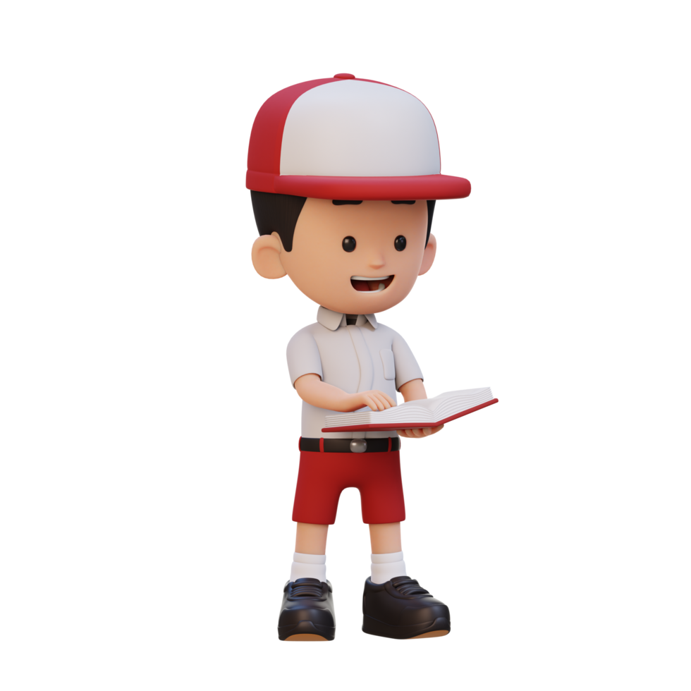 3D happy kid character reading book png
