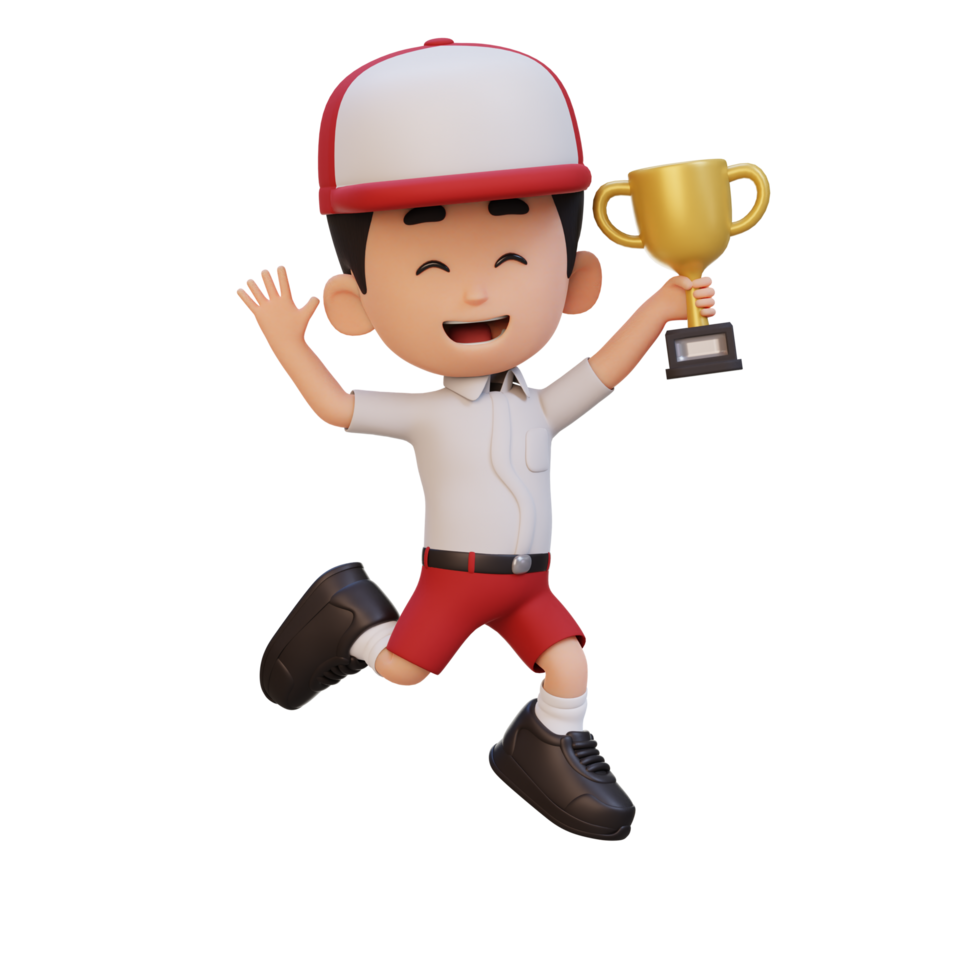 3D kid character celebrating win holding a trophy png