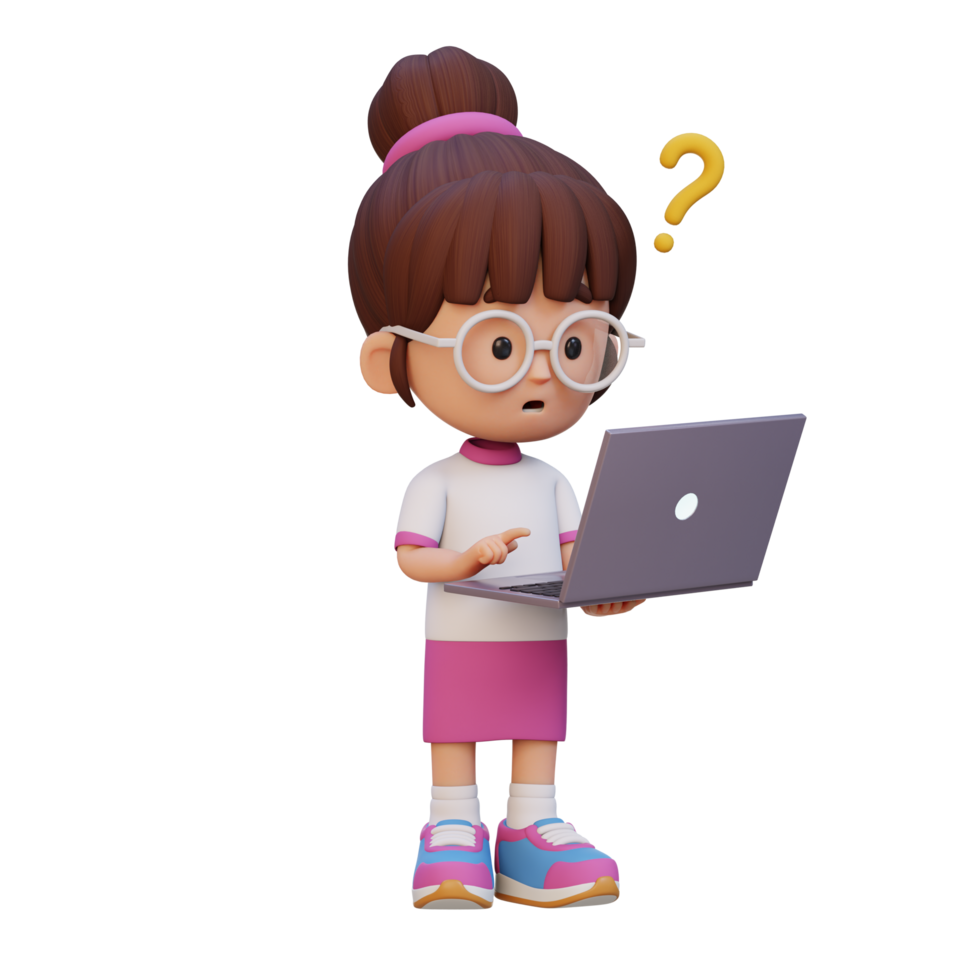 3D cute girl character confused on a laptop png