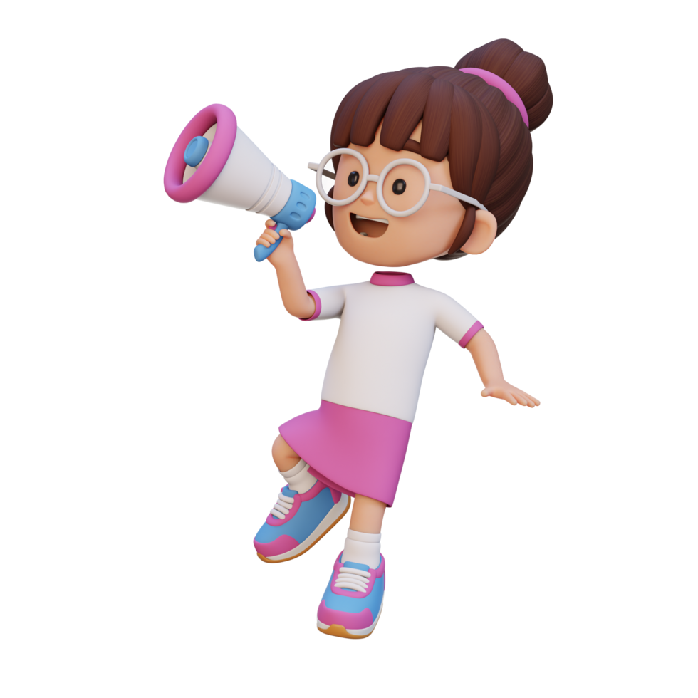 3D cute girl Character jumping and talking on Megaphone png