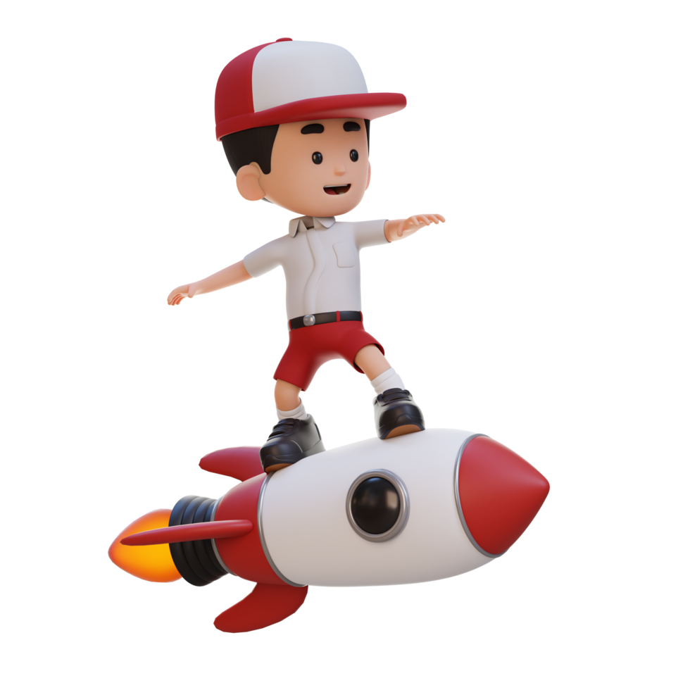 3D kid character standing riding a rocket png