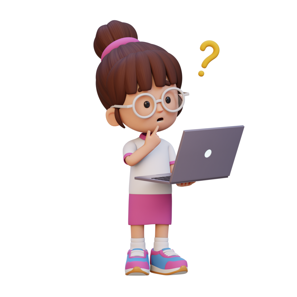 3D cute girl character confused on a laptop png