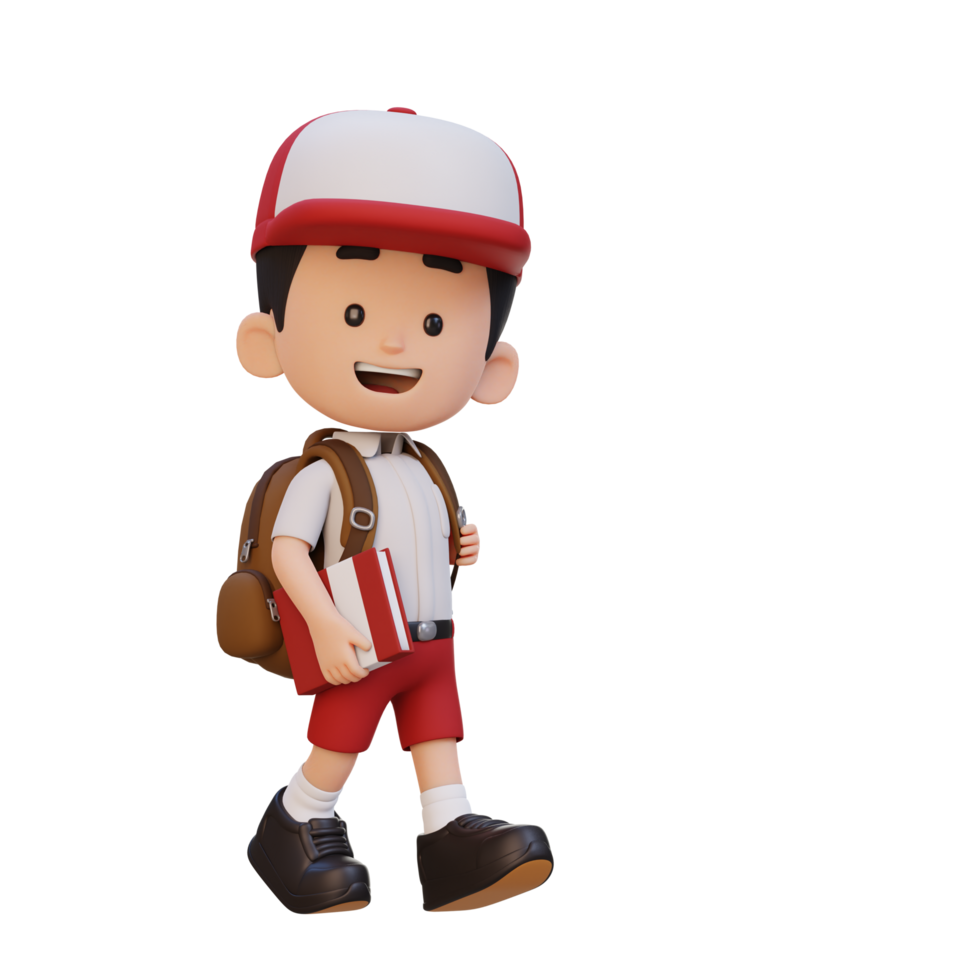 3D happy kid character walking go to school holding book png