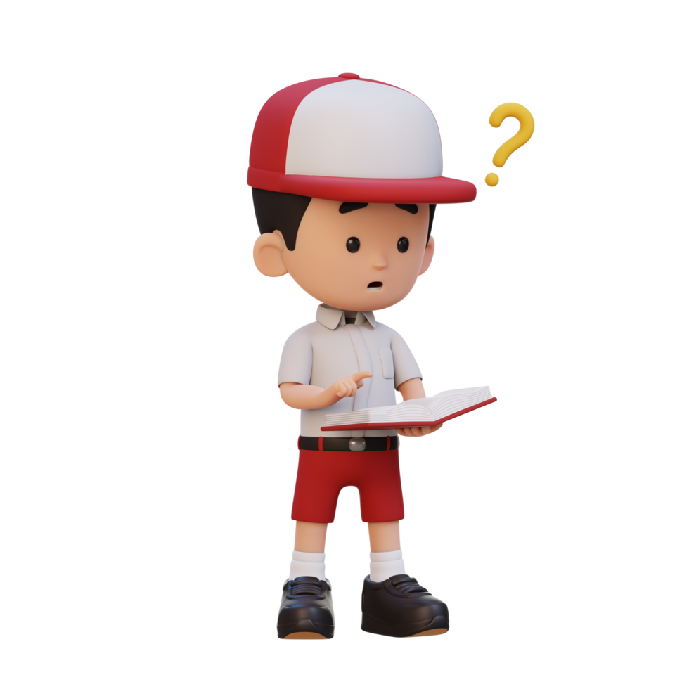 3D kid character get confused when reading a book png