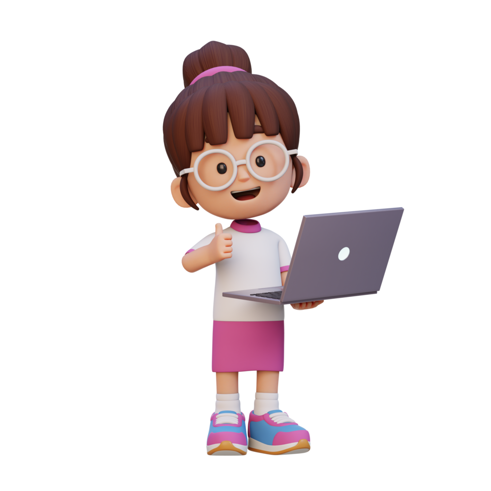 3D cute girl character give a thumb up while holding a laptop png