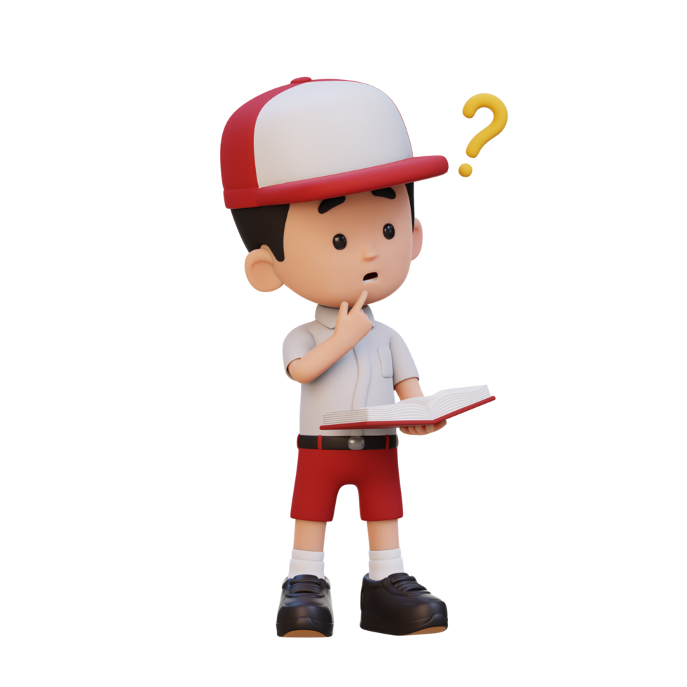 3D kid character get confused when reading a book png