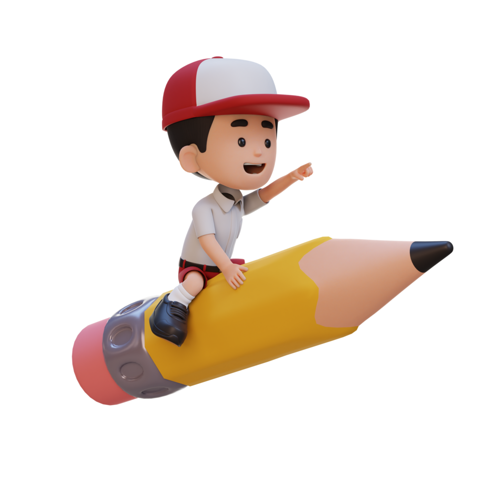 3D kid character riding a pencil and pointing hand png