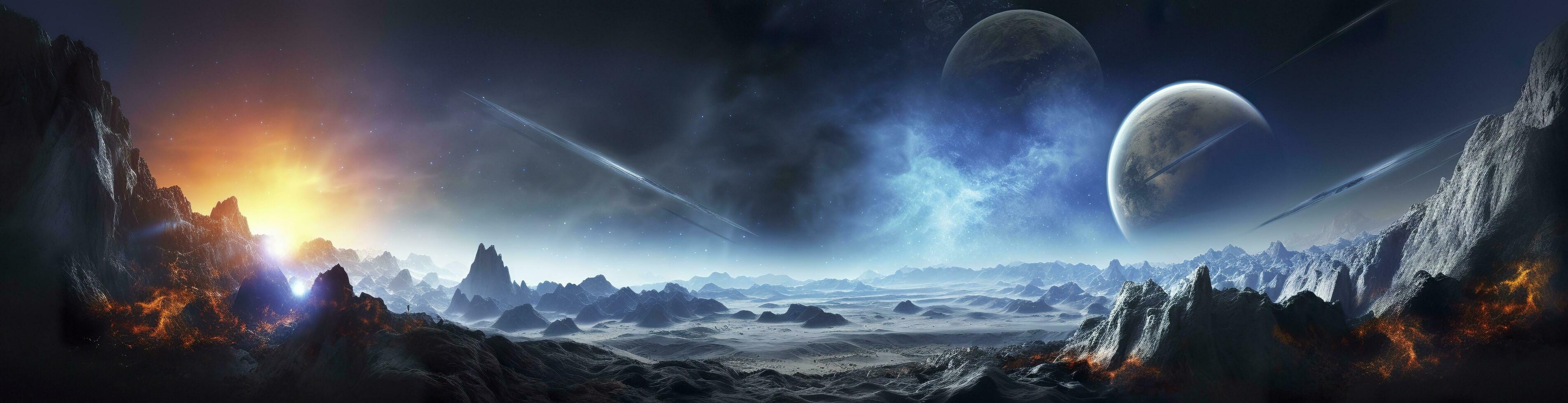 AI generated Panorama of distant planet system in space 3D rendering elements. Generative AI photo