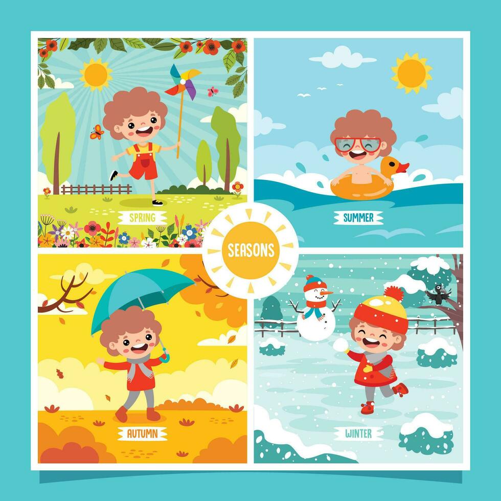 Four Seasons With Cartoon Kid vector