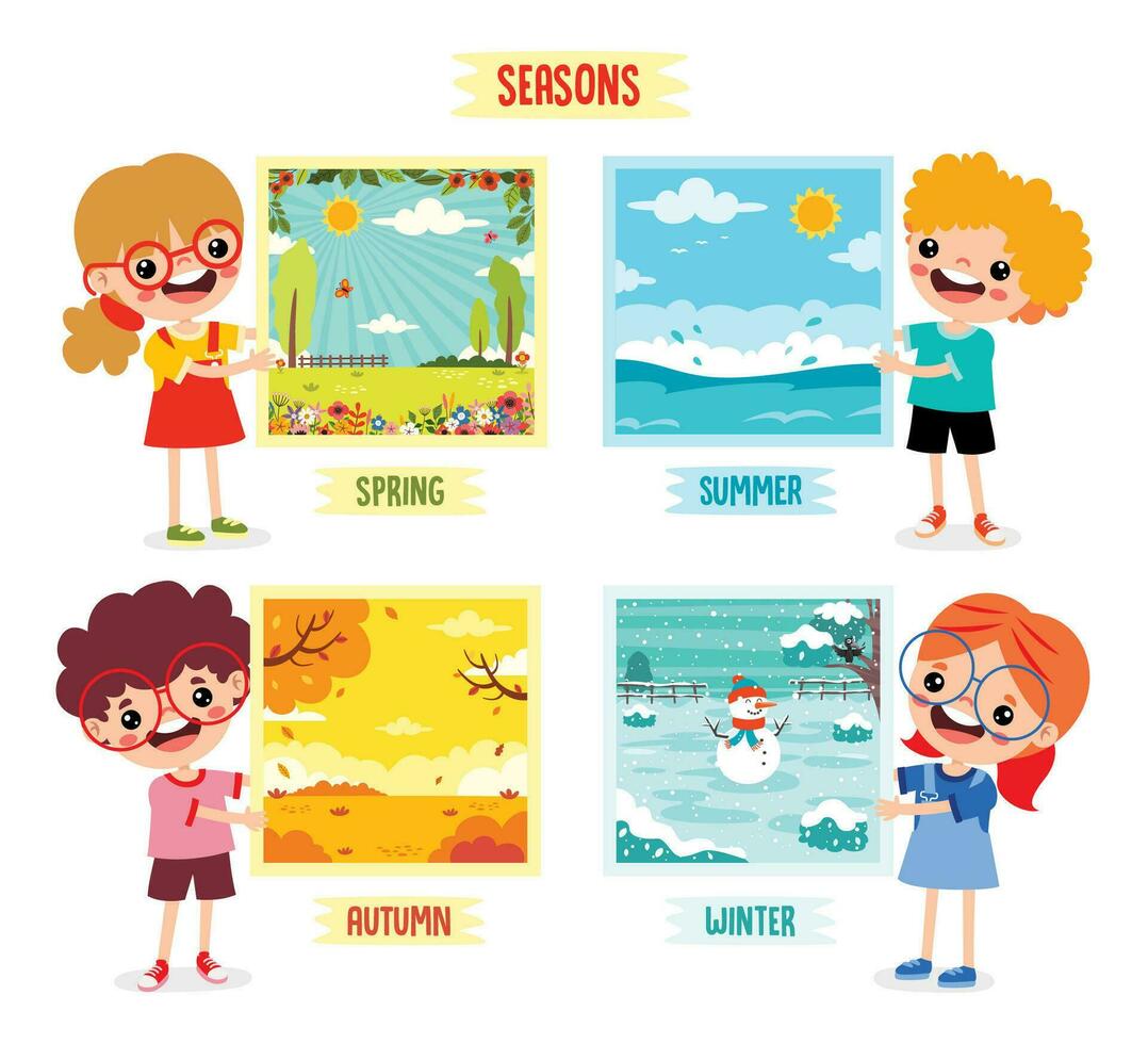 Four Seasons With Cartoon Kid vector