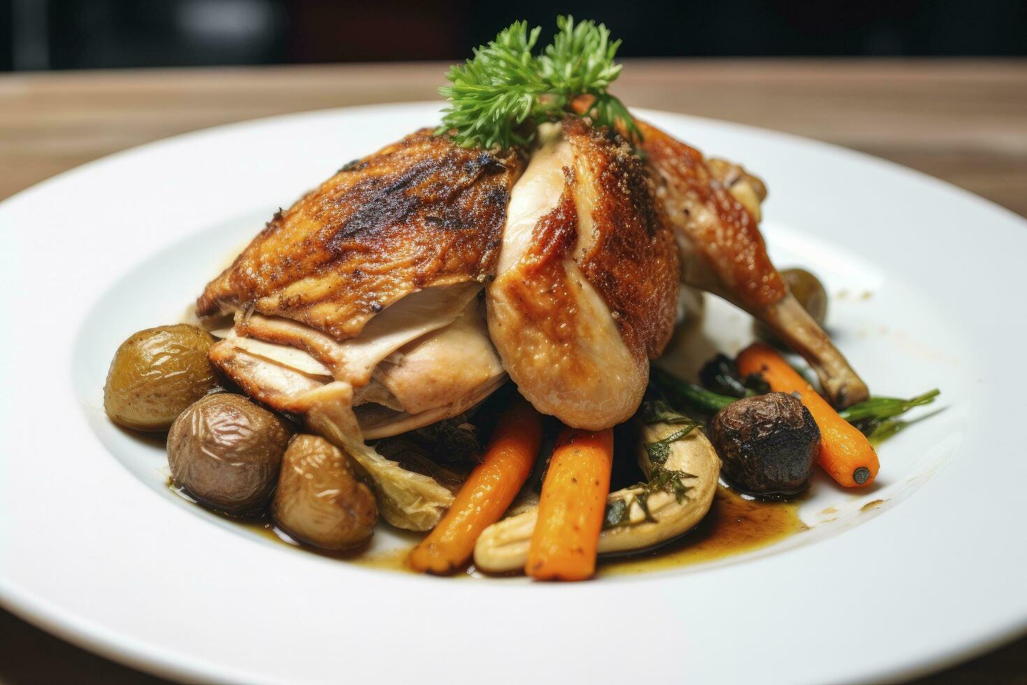 AI generated Plated chicken roast dinner on a white plate with carrot and morel mushroom. AI Generated. photo