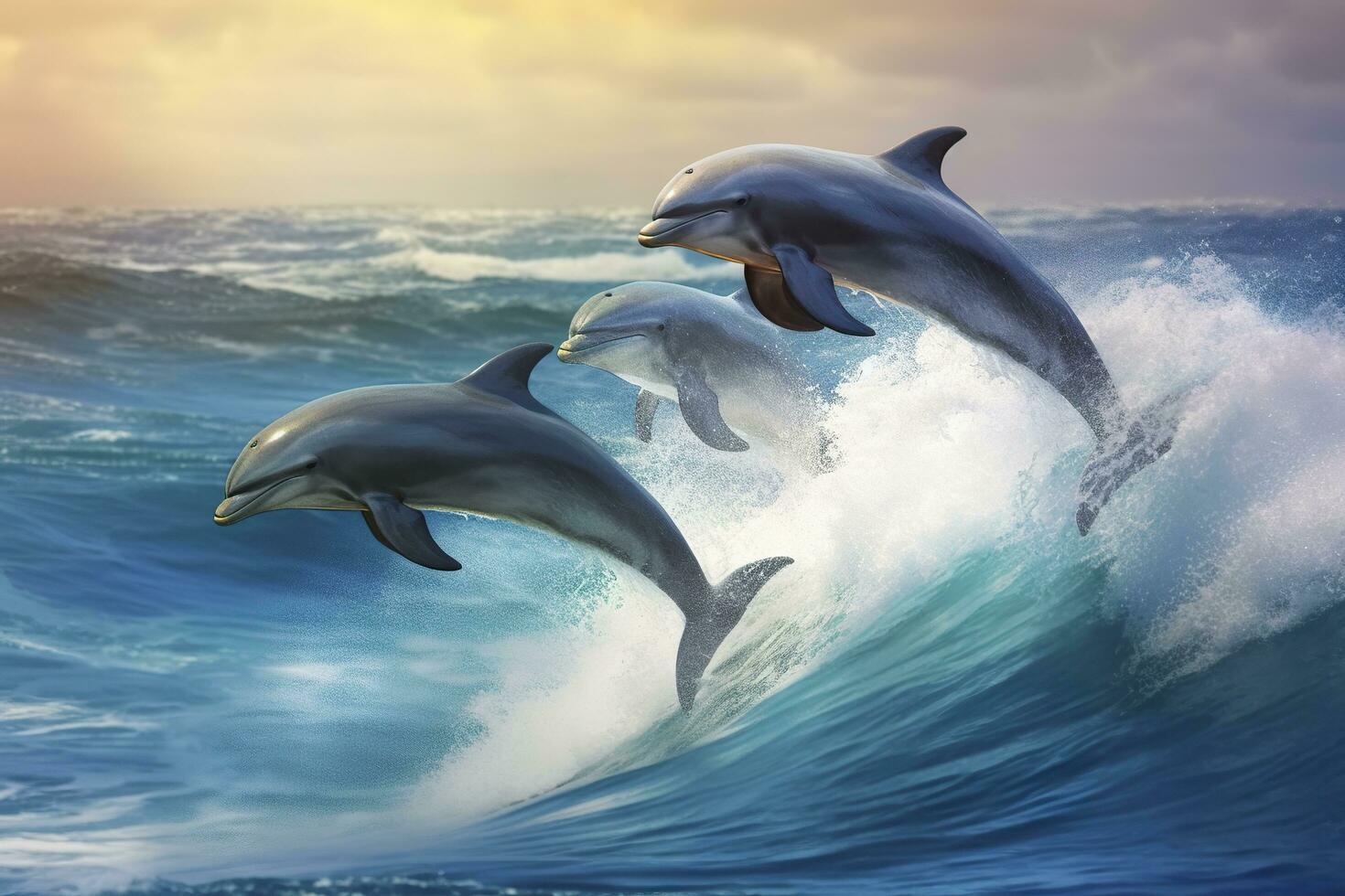 AI generated Playful dolphins jumping over breaking waves. Hawaii Pacific Ocean wildlife scenery. Generative AI photo