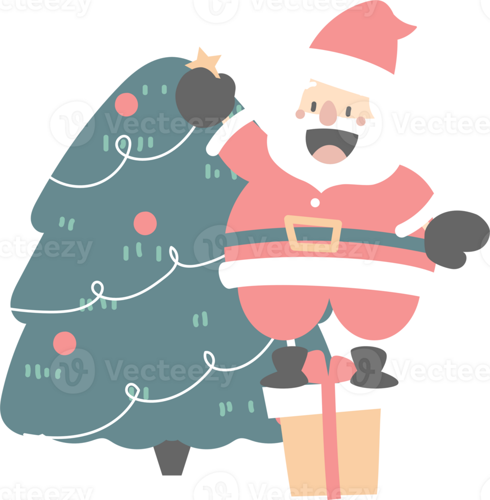 merry christmas and happy new year with cute santa claus, pine tree and gift box, flat png transparent element cartoon character design
