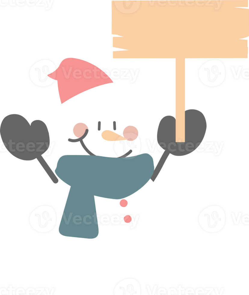 merry christmas and happy new year with cute snowman and blank sign, flat png transparent element cartoon character design