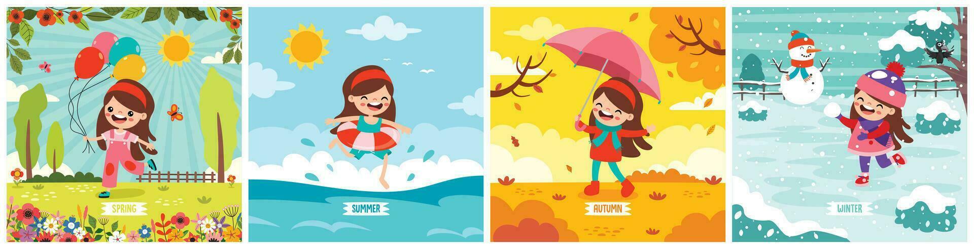 Four Seasons With Cartoon Kid vector