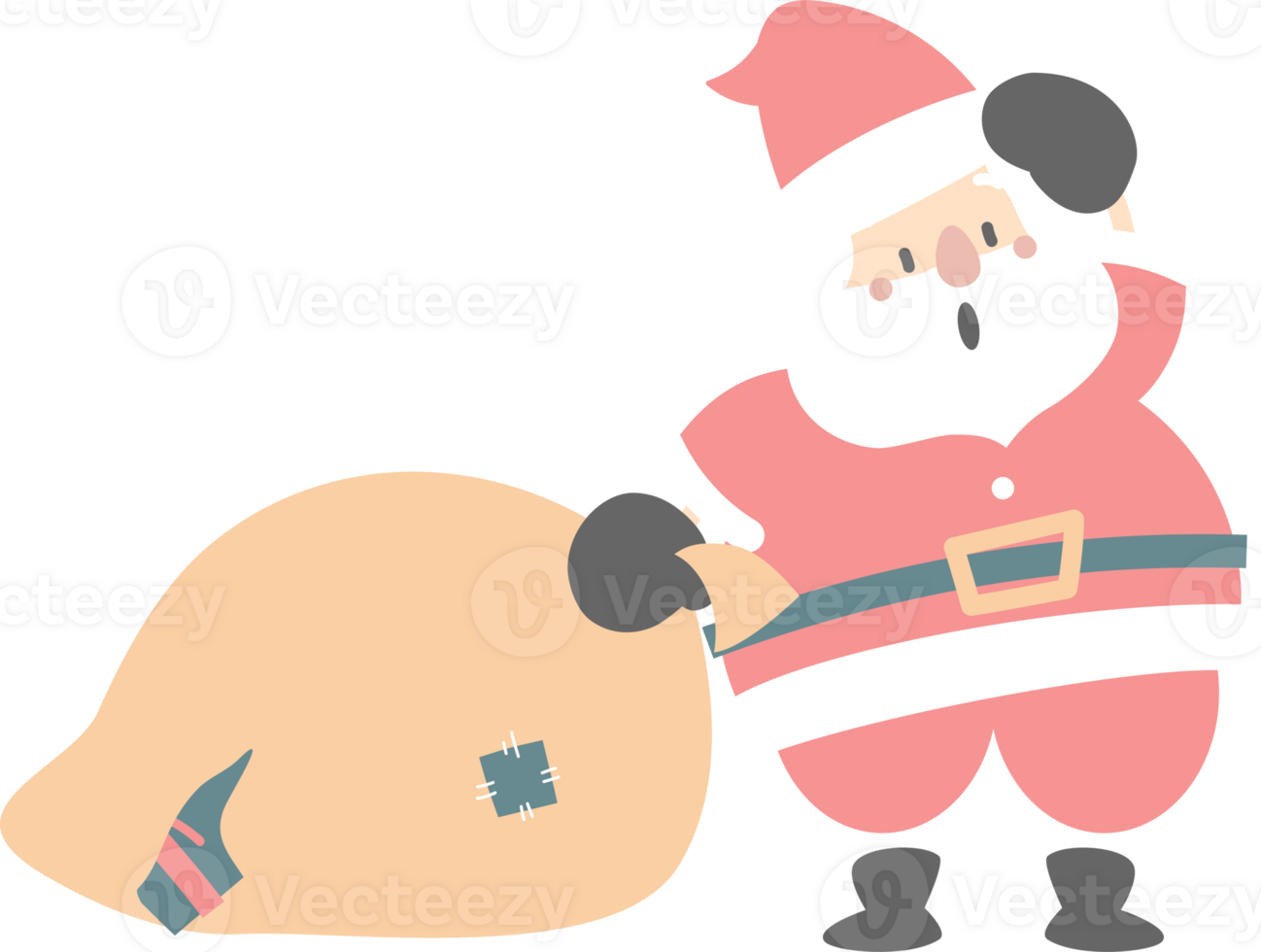 merry christmas and happy new year with cute santa claus, gift and christmas bag, flat png transparent element cartoon character design
