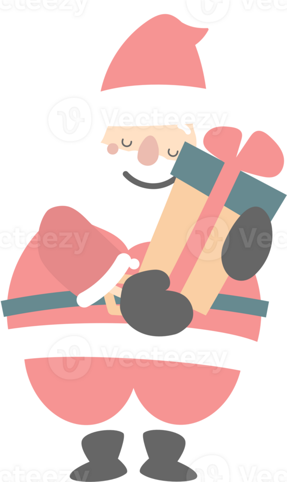 merry christmas and happy new year with cute santa claus and gift box, flat png transparent element cartoon character design